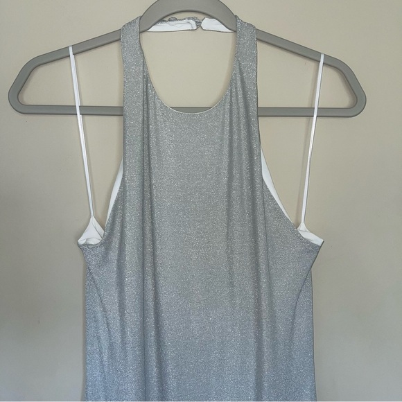 Reformation Selene Knit Dress in Silver Sparklr L Halter Neck Open Back NWT - Picture 12 of 12